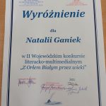 zdjęcie wyróżnienia dla uczennicy Natalii Ganiek z klasy 7j